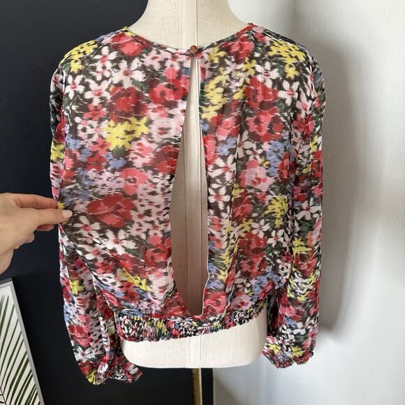 Boden Blouson Sleeve Floral Print Moire Bloom Cropped Top Open Back - Picture 11 of 13